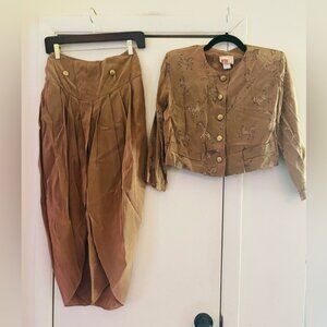 VTG 90s Rayon Safari Gold Button Crop Jacket Ballon Tapered Pants Suit Set S